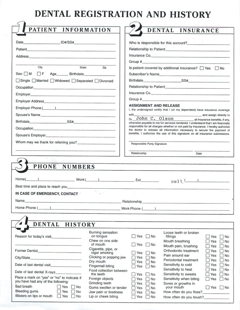Dental Registration and History sheet